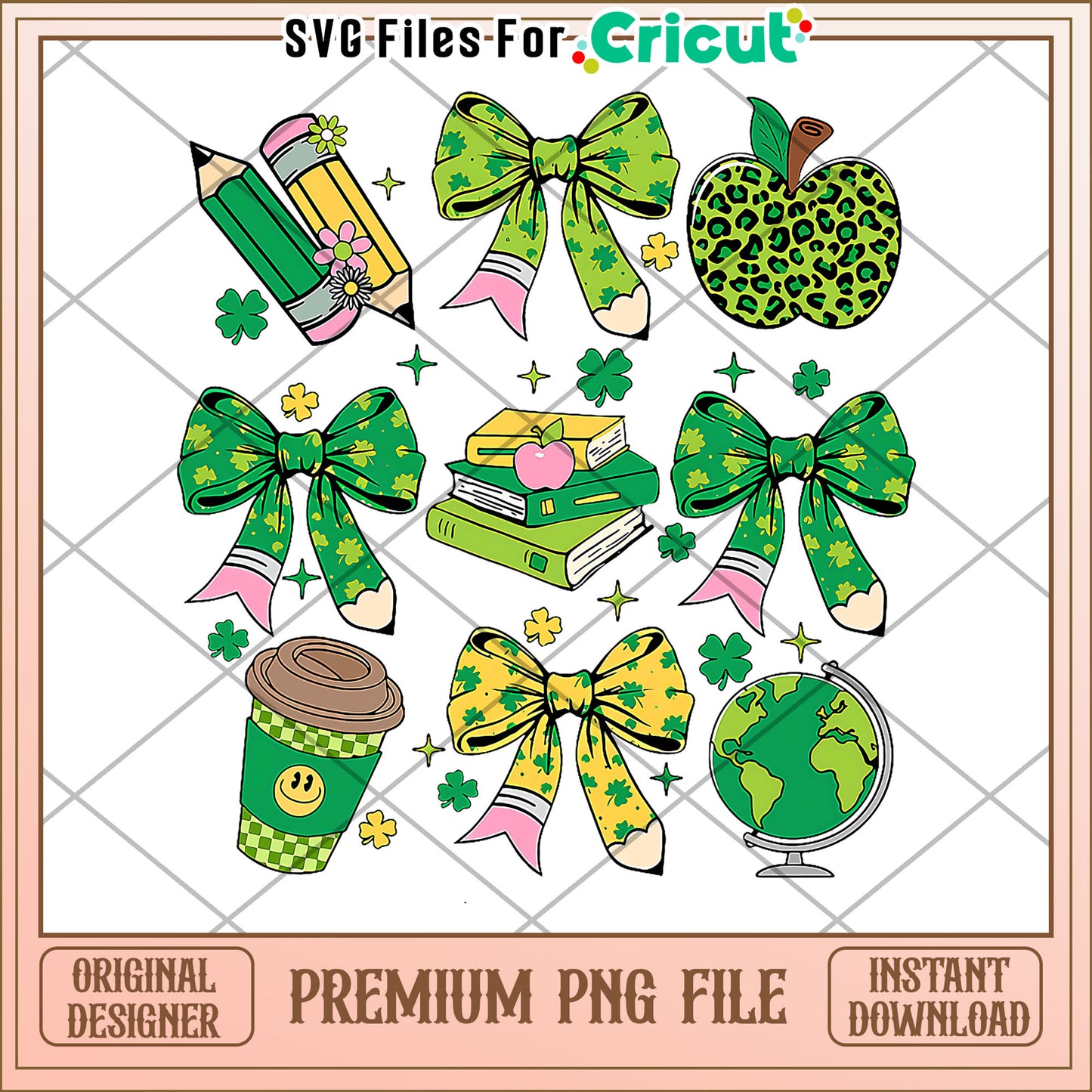 Green apple school items png, cute stationery design png, back to school items png