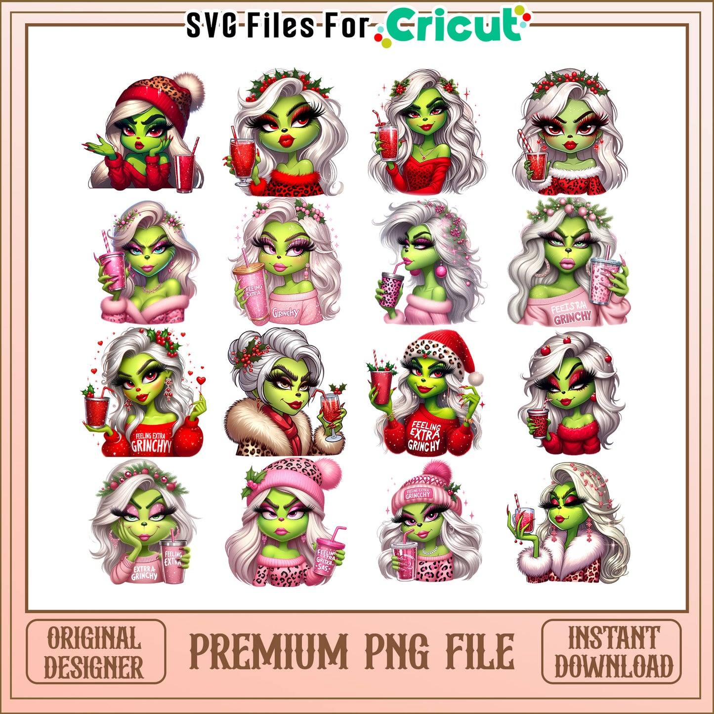 Grinch girl red and pink bundle png, cute grinch clipart png
