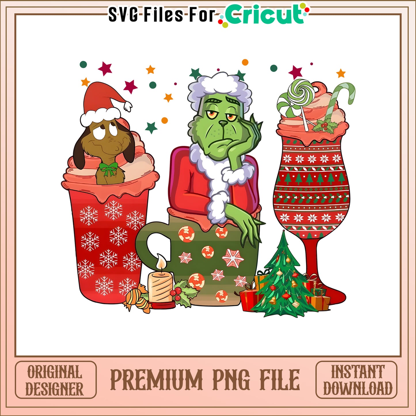 Grinch and dog max cup cartoon png, grinch holding coffee cup png