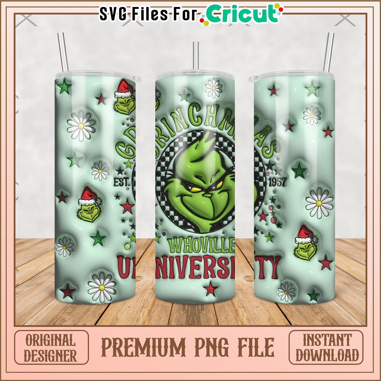 Grinch whoville university tumbler png, grinch christmas png, christmas trees png