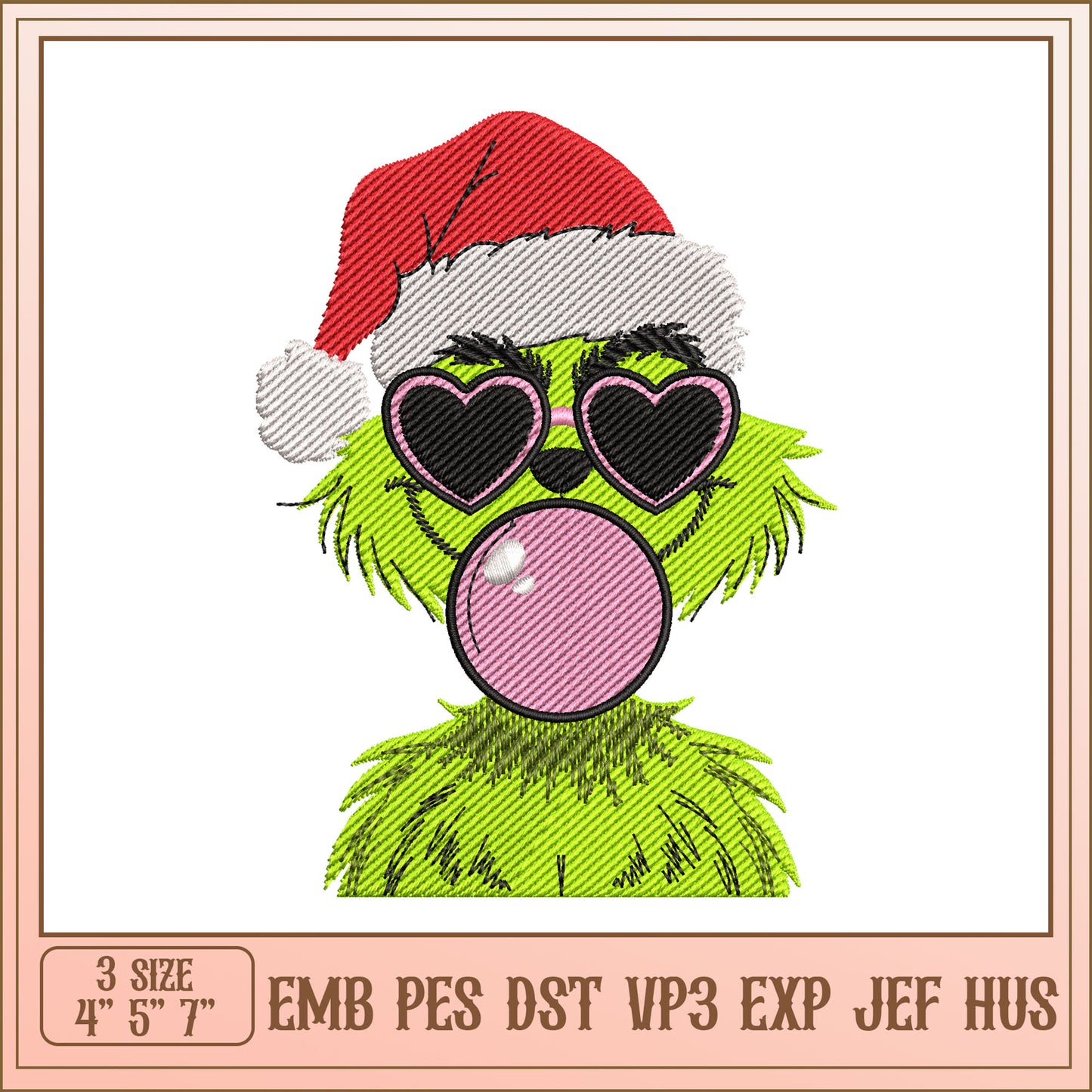 Grinch with Glasses and Santa Hat Embroidery Design File