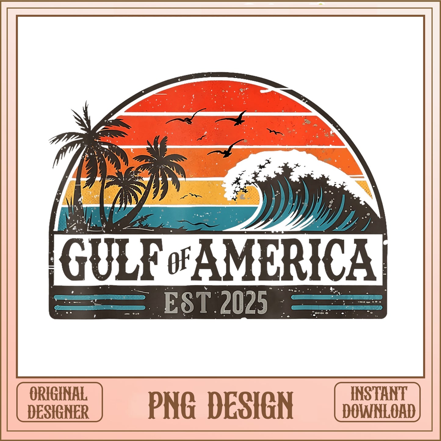 Gulf Of America Est 2025 PNG, Retro Beach Summer PNG, Vintage Ocean Wave PNG