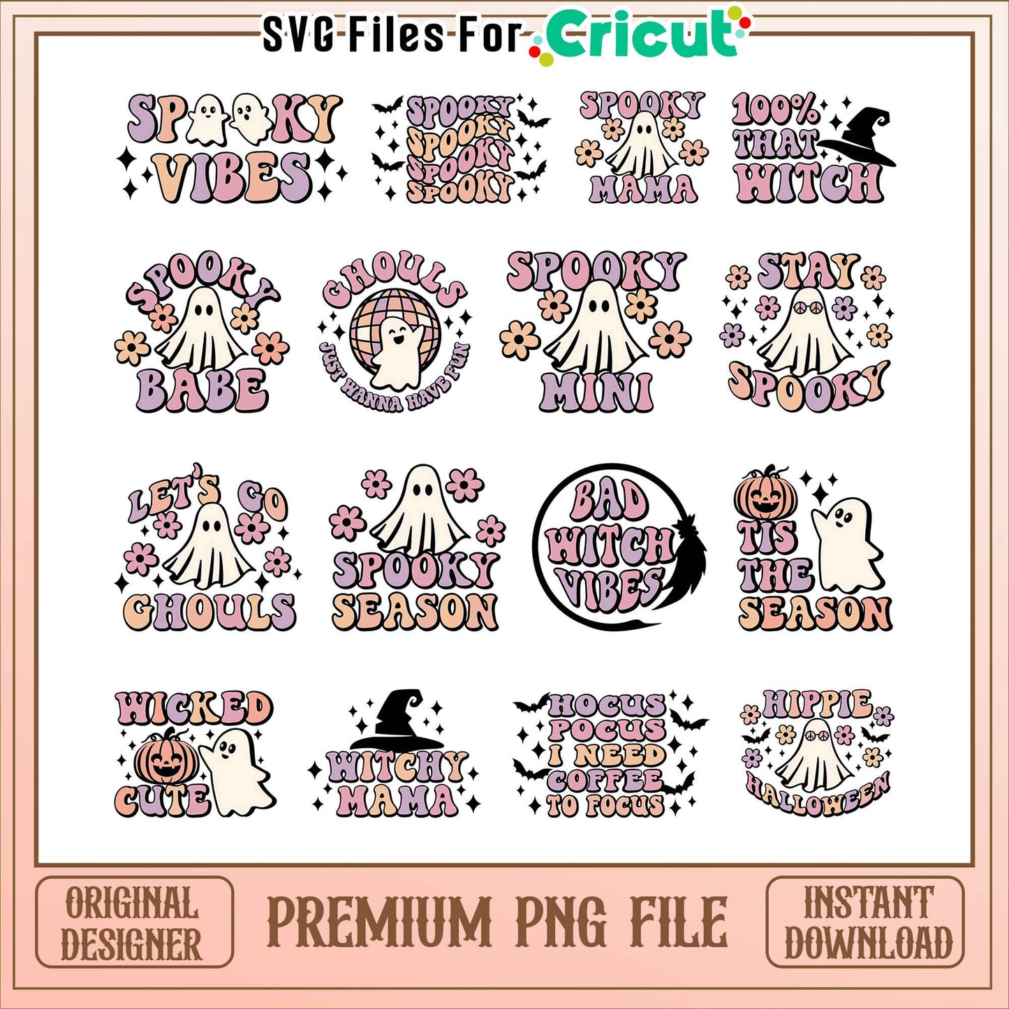 Retro spooky mama halloween bundle png, cute ghost cartoon png