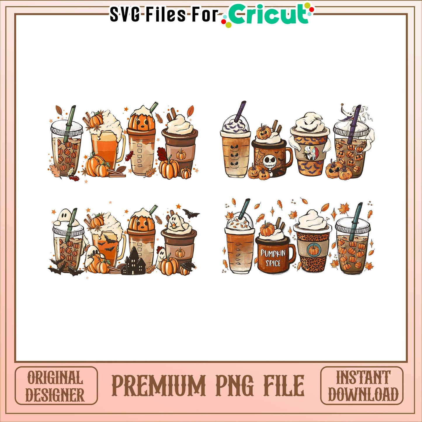 Pumpkin halloween coffee cup bundle png, halloween coffee cups png