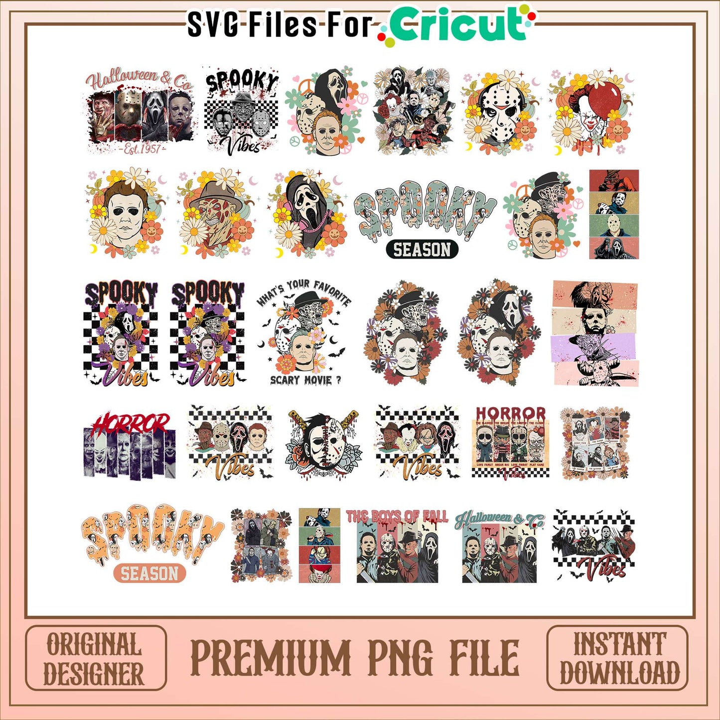 Horror spooky vibes halloween bundle png, flower horror png