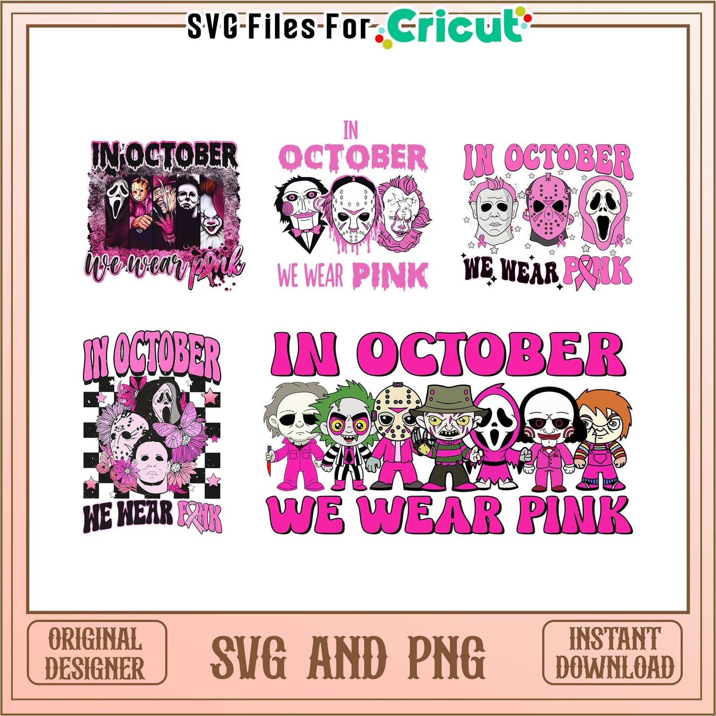 In october we wear pink halloween bundle svg, chibi horror characters svg