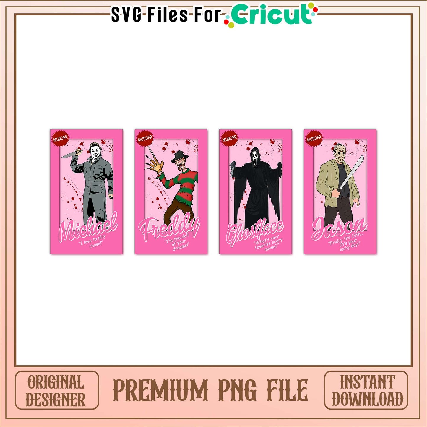Horror characters barbie cards bundle png, halloween horror movie png