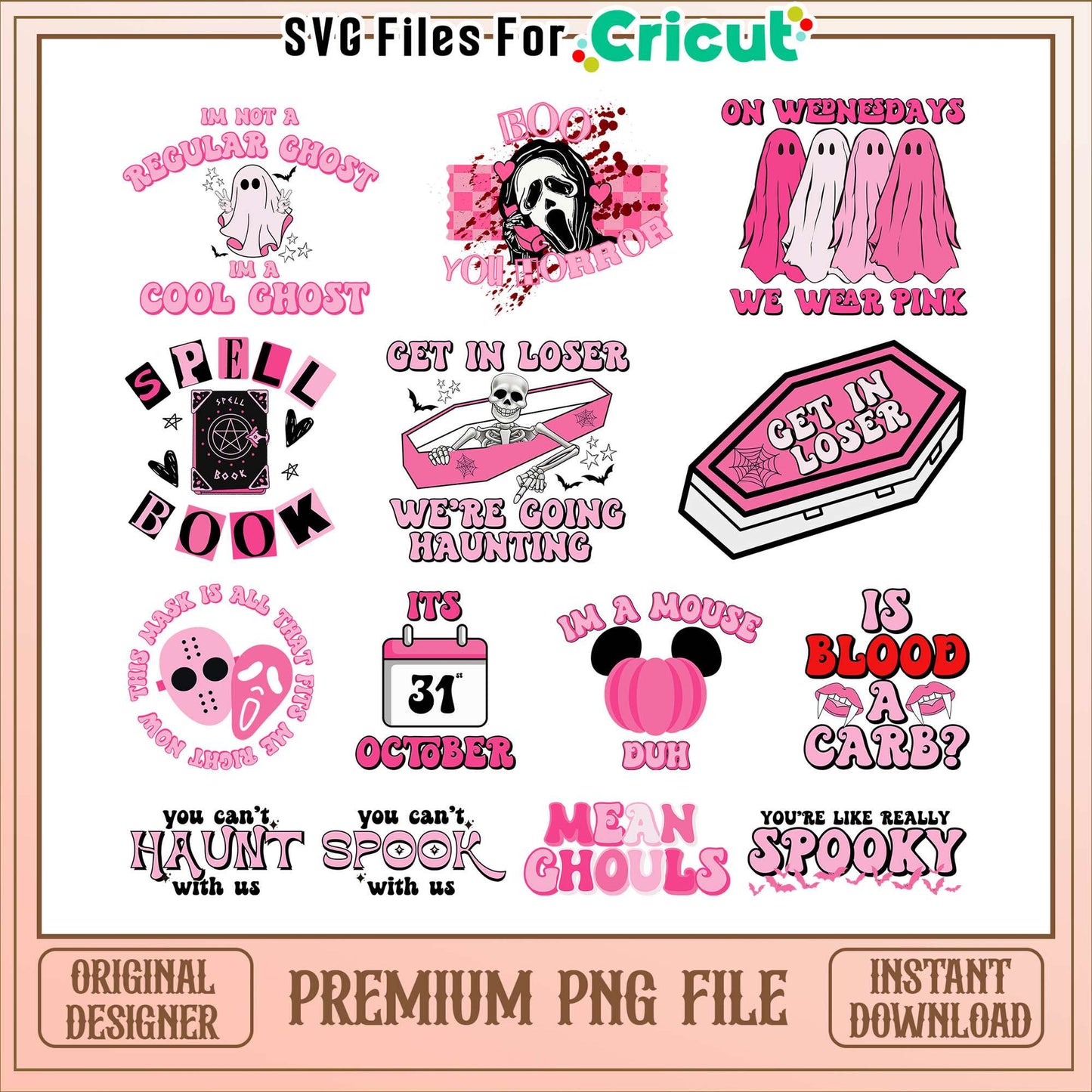 Pink ghost horror halloween bundle png, halloween pink ghost png