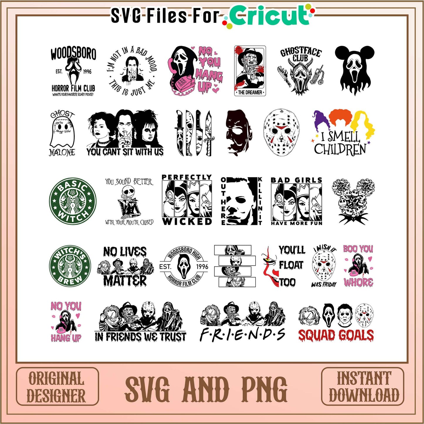 Ghostface club halloween bundle svg, black and white horror characters