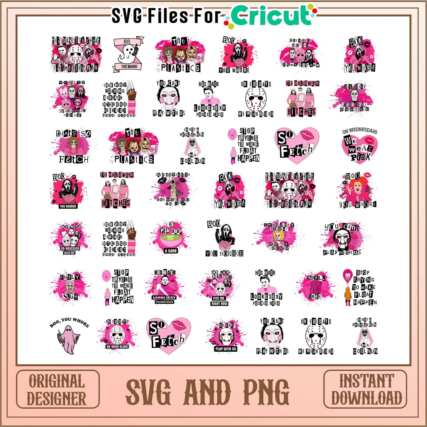 Boo you whore pink halloween bundle svg, horror movie characters svg