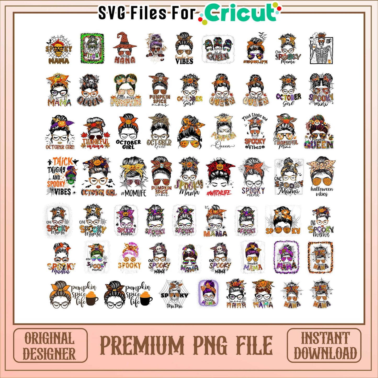 Girl head spooky mama halloween bundle png, spooky mama png