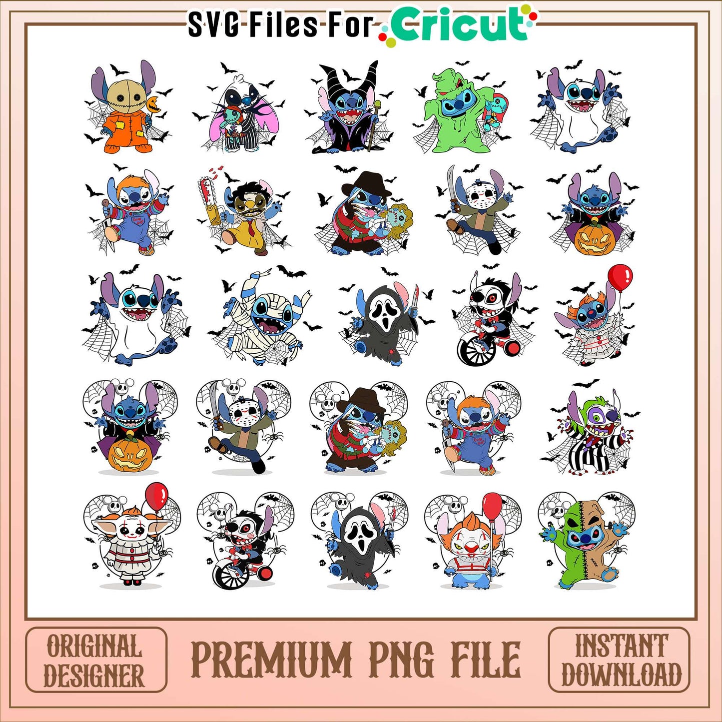 Stitch horror characters halloween bundle png, horror movie stitches png