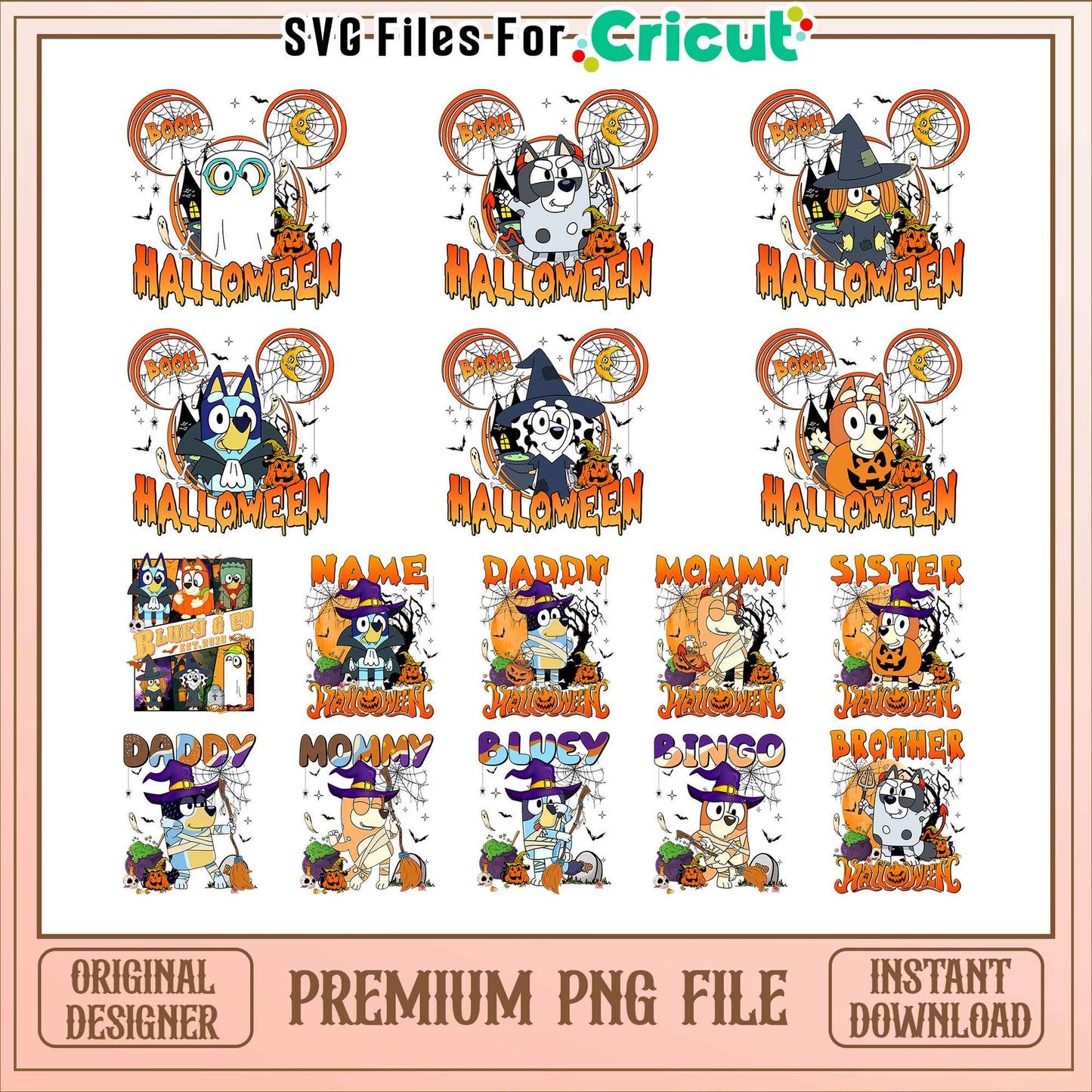 Bluey characters boo halloween bundle png, halloween bluey png