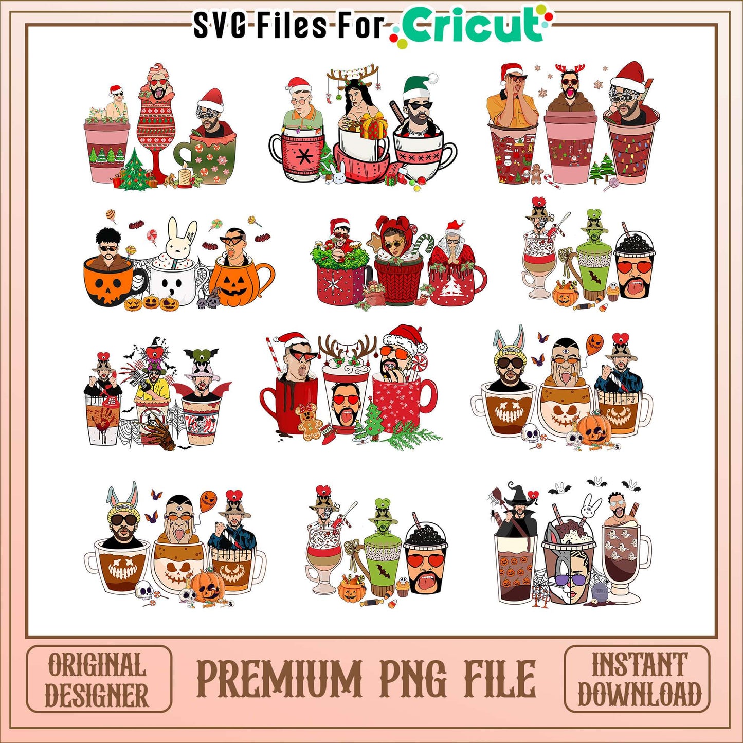 Bad bunny coffee halloween bundle png, bad bunny coffee png