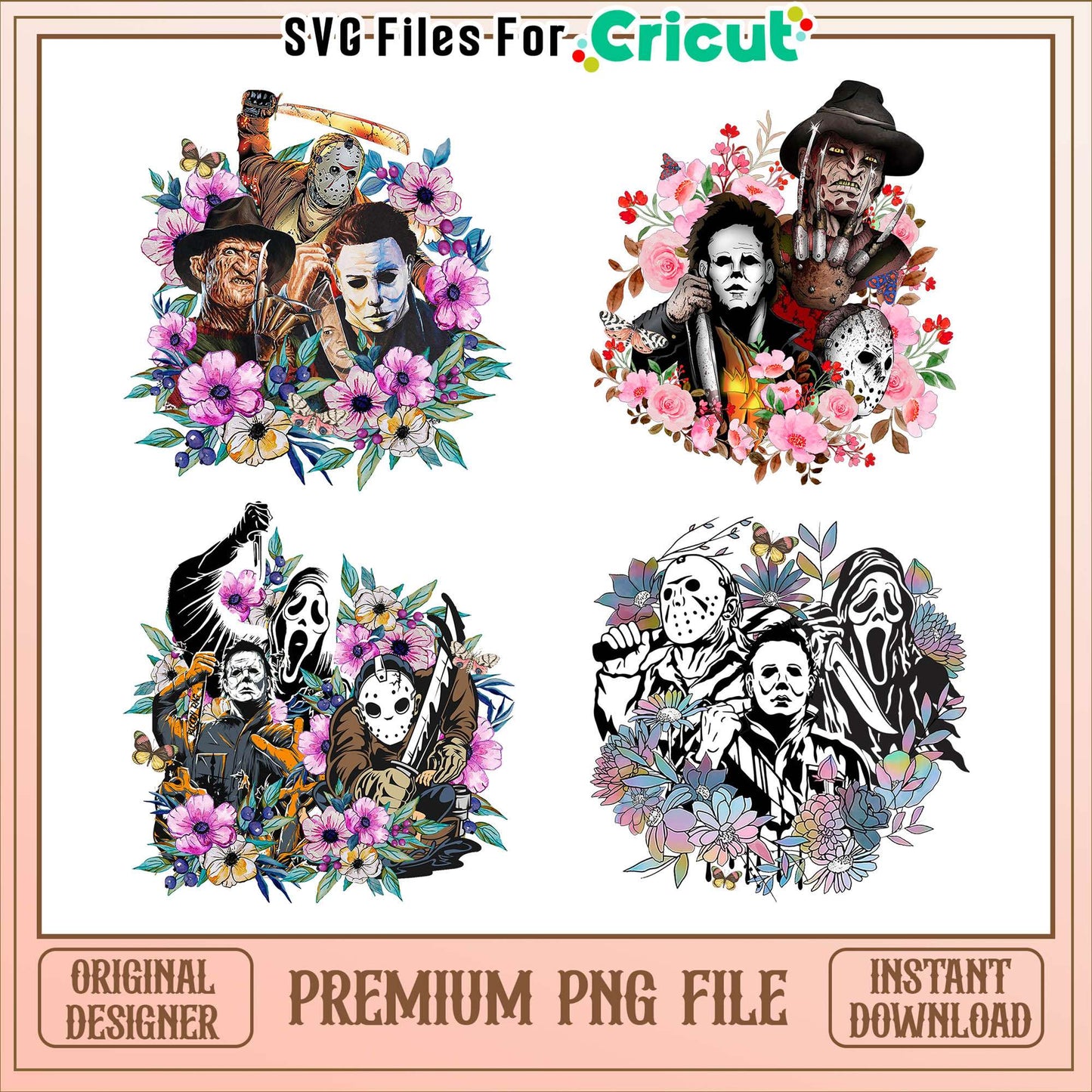 Horror characters floral halloween bundle png, horror movies png