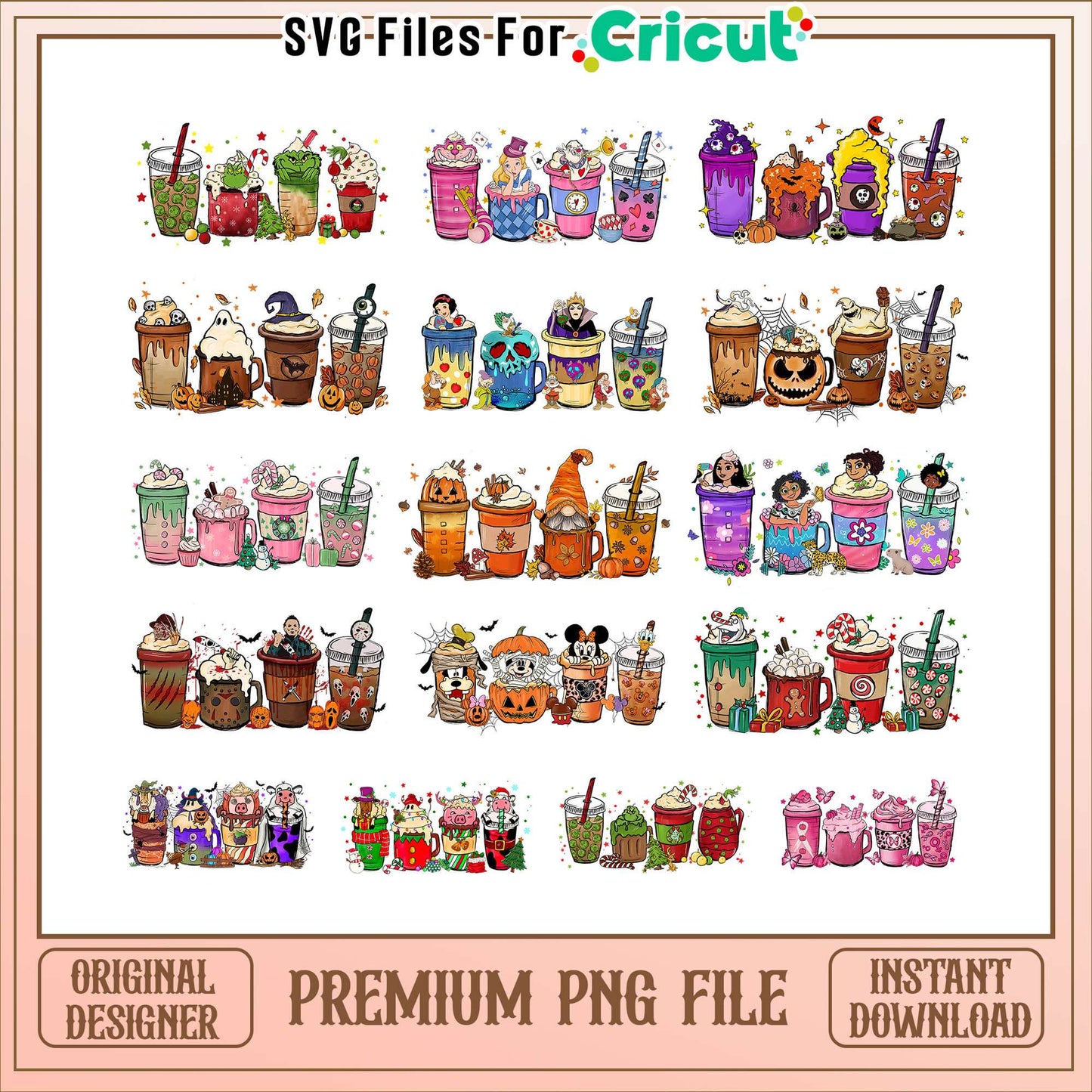 Disney characters cooffee halloween bundle png, Disney halloween png
