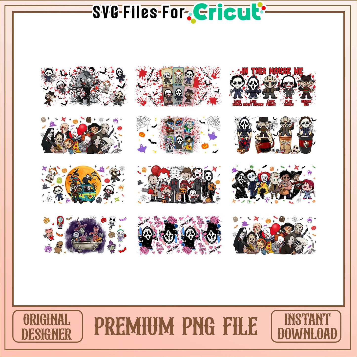 Chibi killer glass wrap bundle png, chibi horror characters png