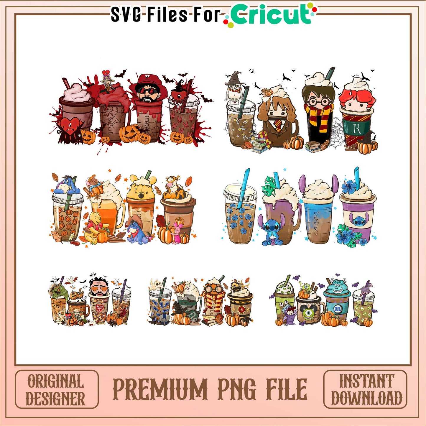 Disney coffee cup halloween design bundle png, disney coffee cups png