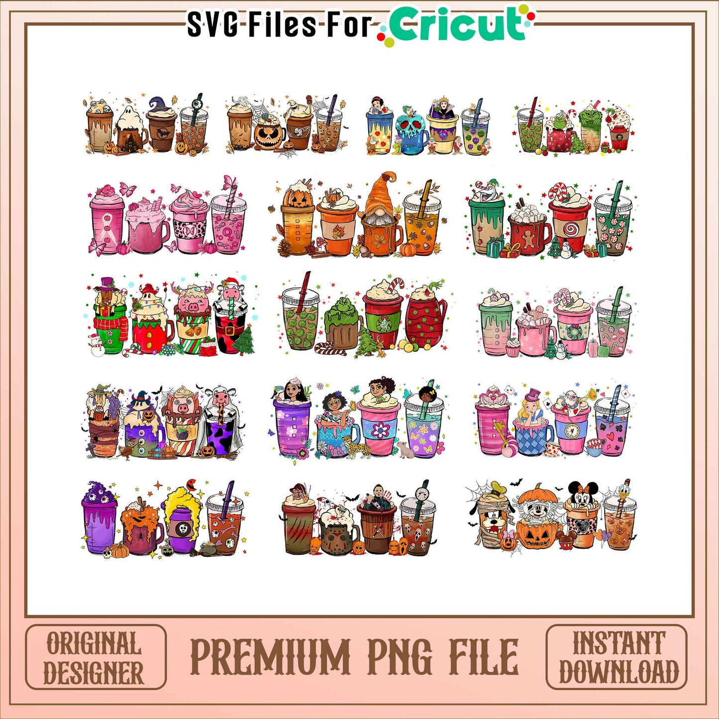 Disney characters coffee halloween bundle png, halloween coffee cup png