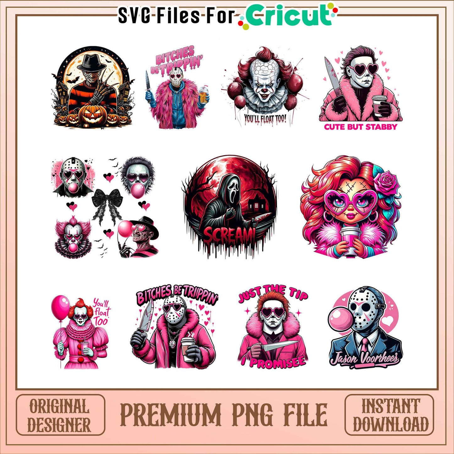 Ghostface scream halloween bundle png, horror friends png