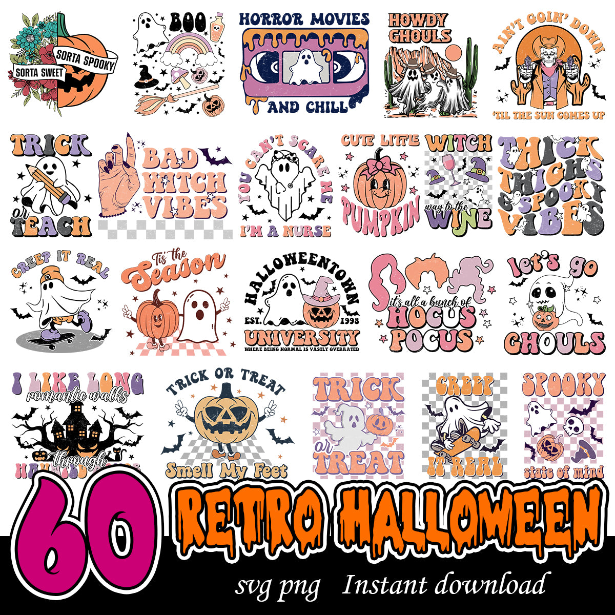 Retro Halloween ghouls Svg Bundle, Retro ghost art bundle