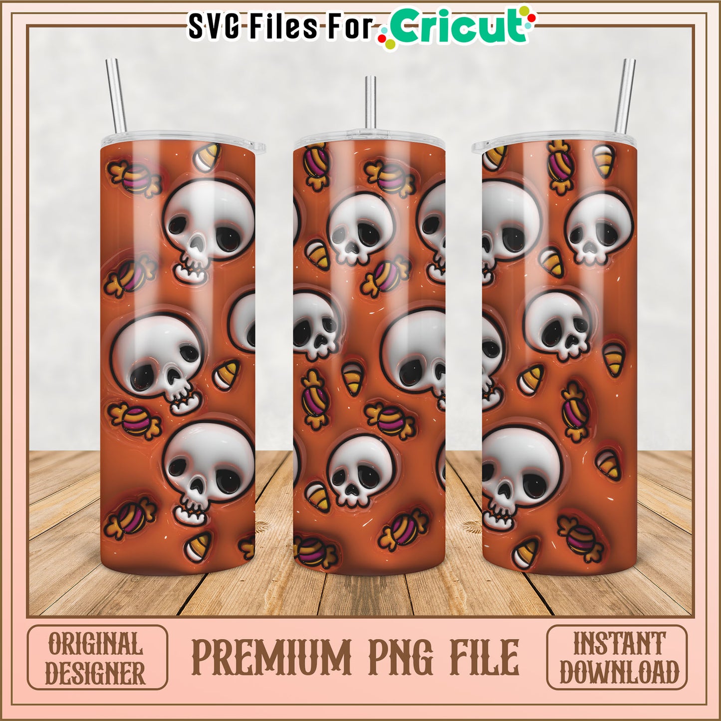 Halloween Candy Skulls PNG Tumbler Design