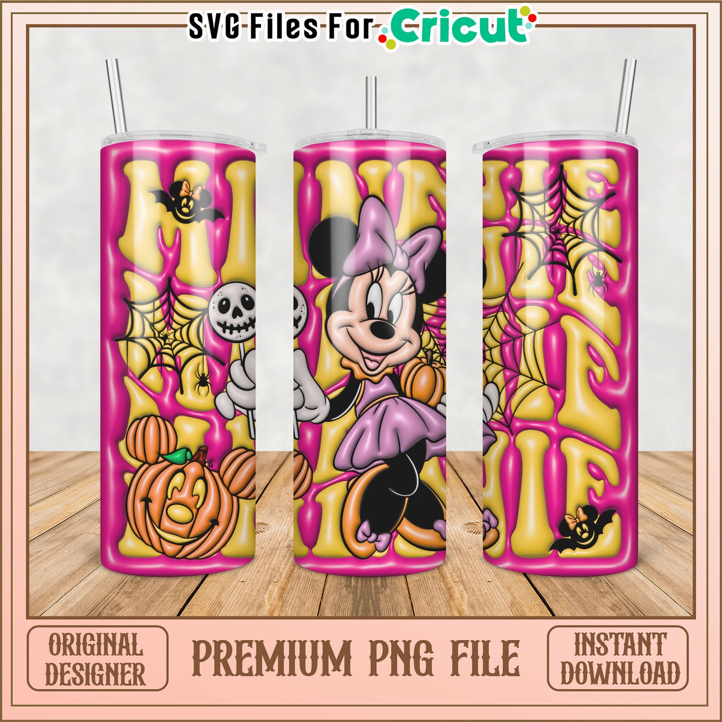 Halloween Tumbler Design PNG with Minnie Mouse and Spooky Elements
