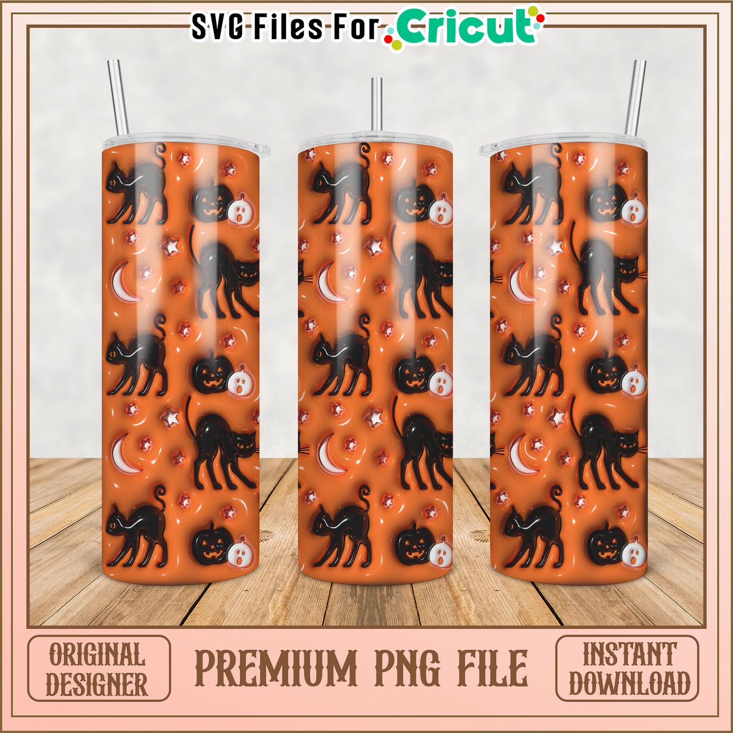 Halloween Tumbler Design with Black Cats and Pumpkins PNG File