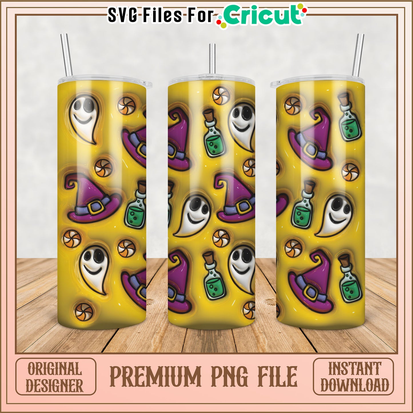 Halloween Tumbler PNG Design with Ghosts and Witches for Crafts