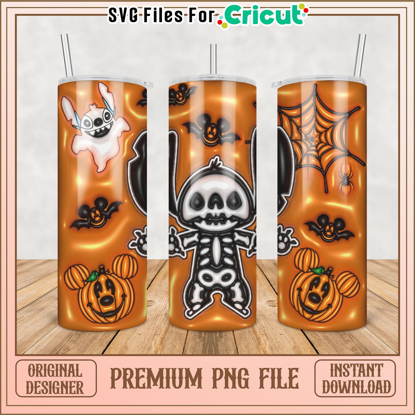Halloween Tumbler PNG Design with Skeleton and Ghost Elements