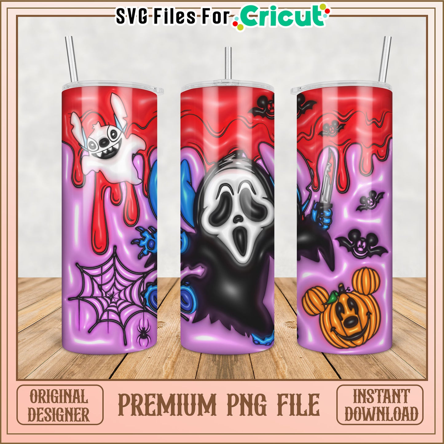 Halloween Tumbler PNG Design with Spooky Characters for Cricut