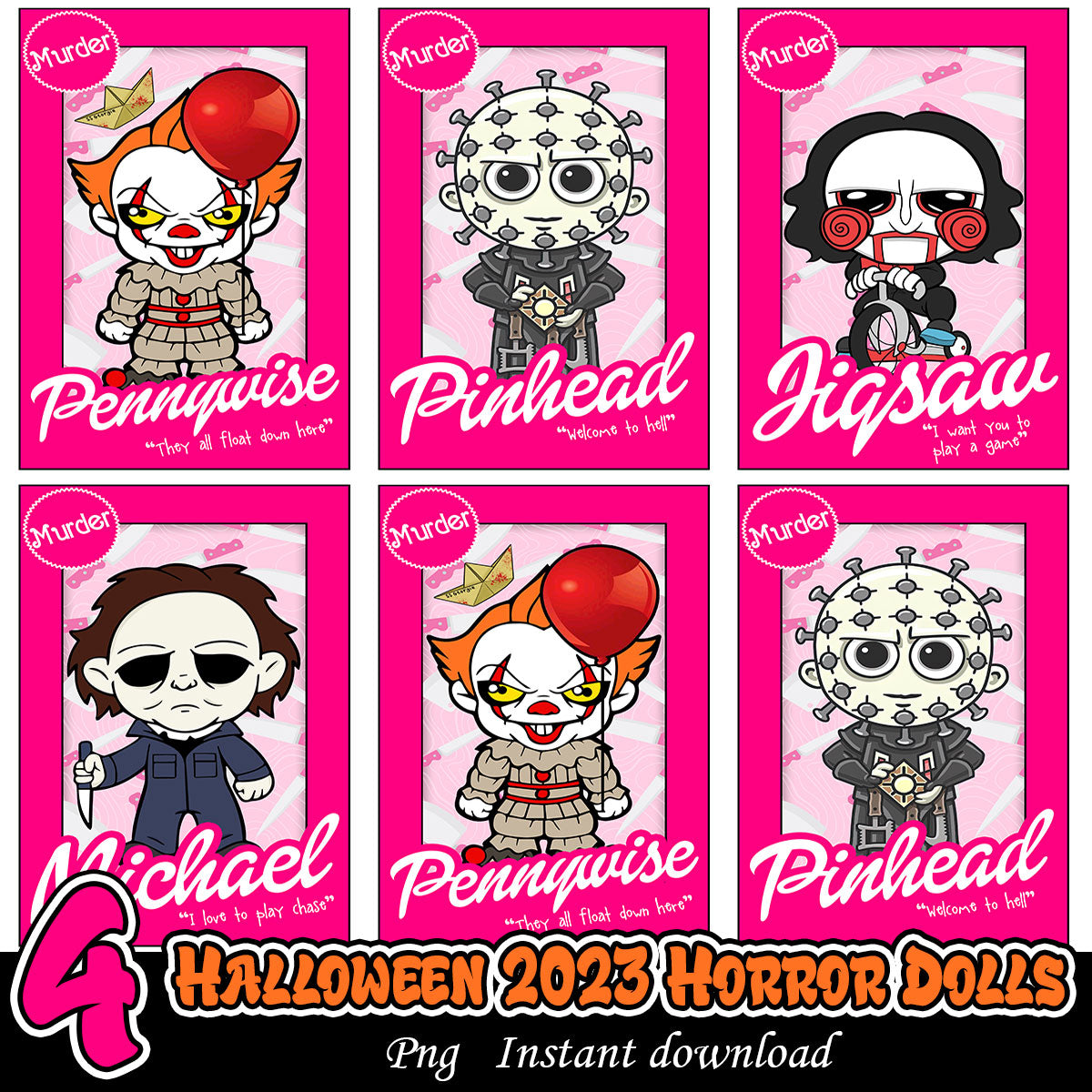 Halloween 2023 Horror Dolls Bundle Png, Halloween pink dolls bundle