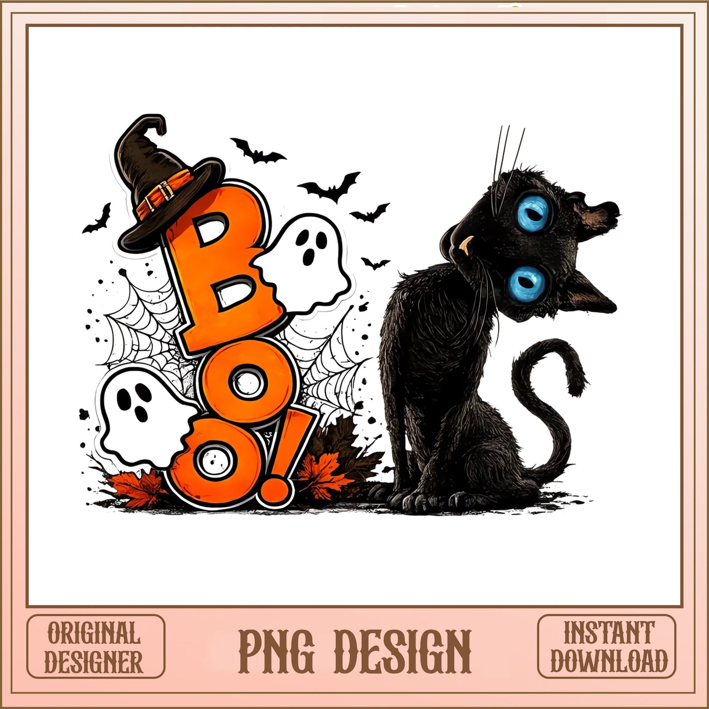Halloween Black Cat Boo PNG, Spooky Ghost Witch Hat PNG, Halloween PNG