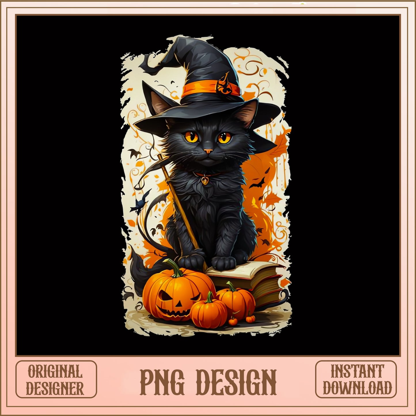 Halloween Black Cat Witch PNG, Spooky Cat Pumpkin PNG, Halloween PNG