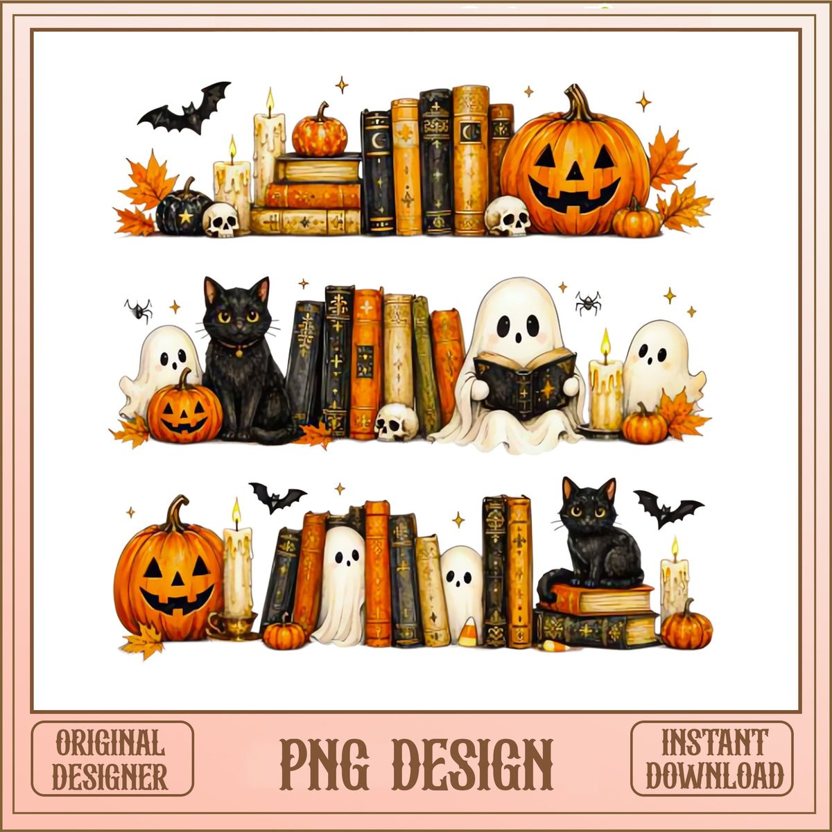 Halloween Bookshelf PNG Bundle, Spooky Ghost Black Cat PNG, Halloween PNG