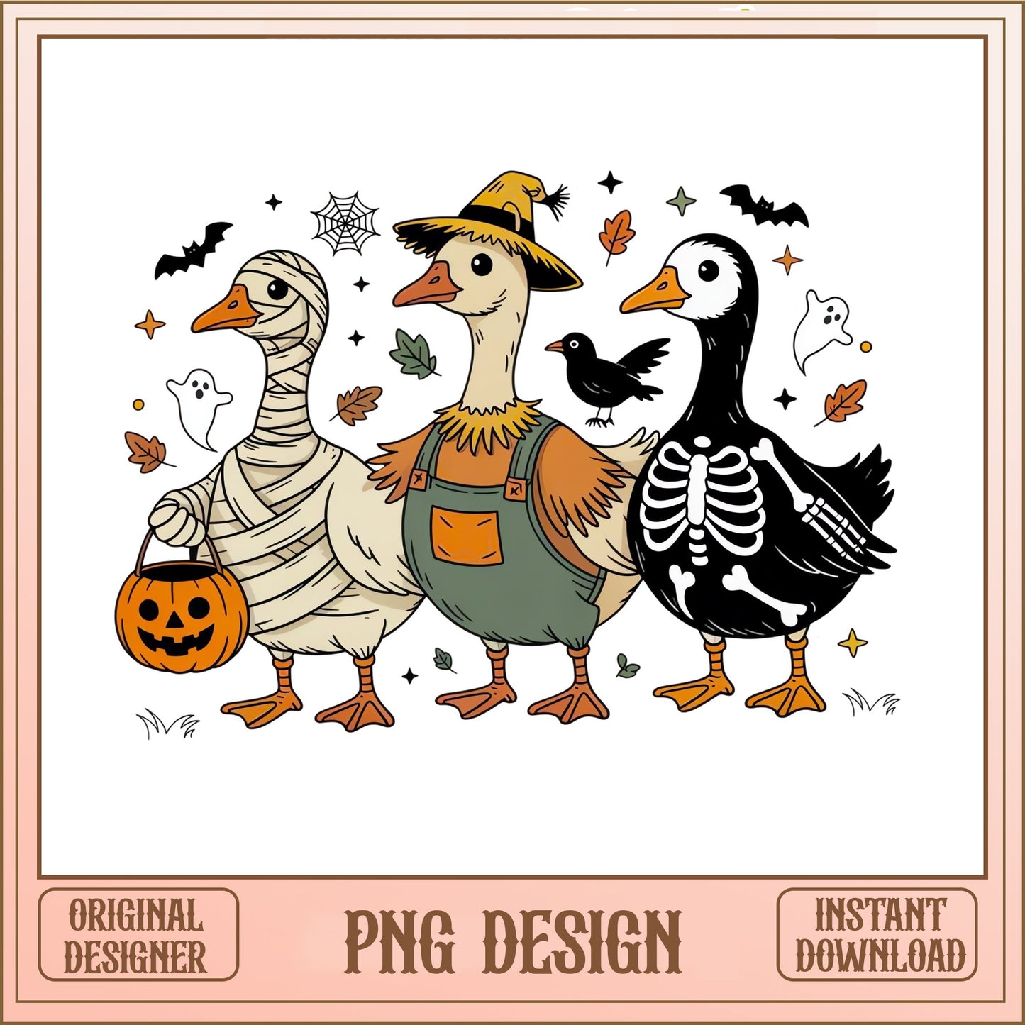 Halloween Geese Mummy Skeleton Scarecrow PNG, Funny Duck PNG, Halloween PNG