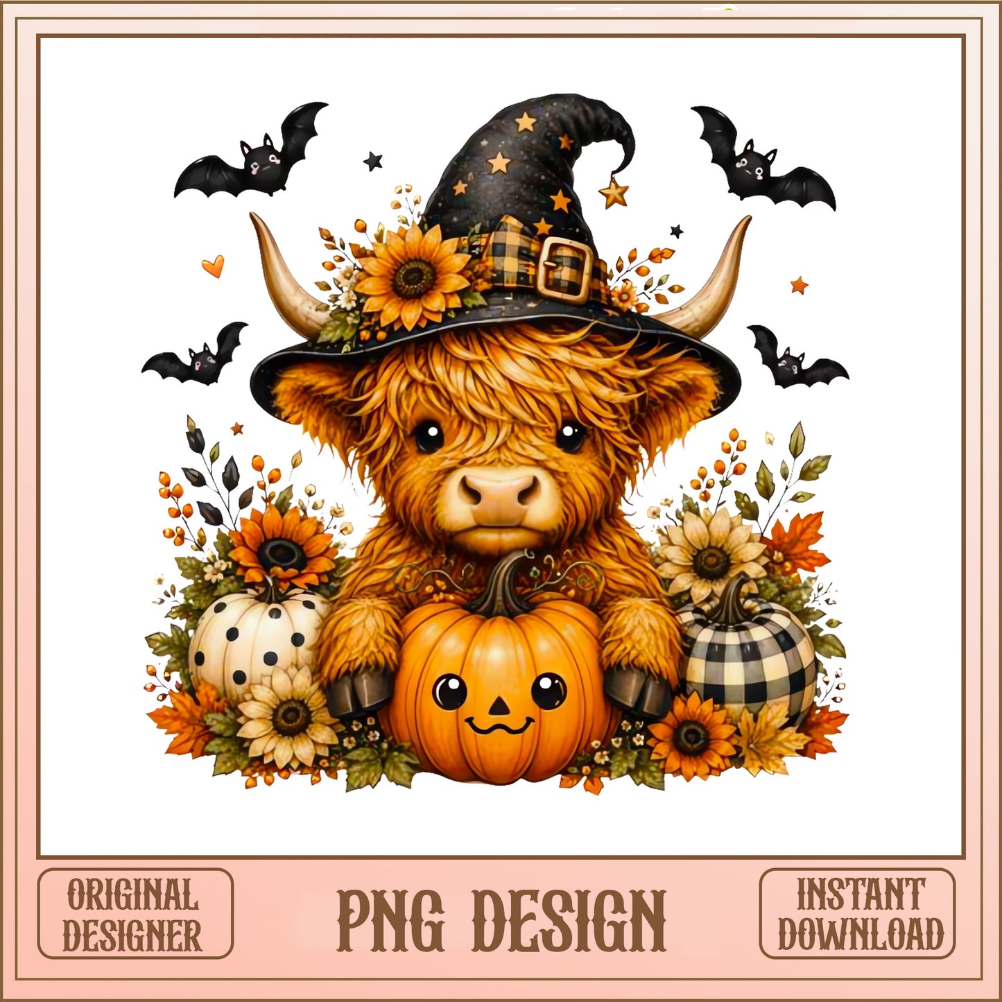 Halloween Highland Cow PNG, Witch Hat Pumpkin Fall PNG, Cute Cow PNG