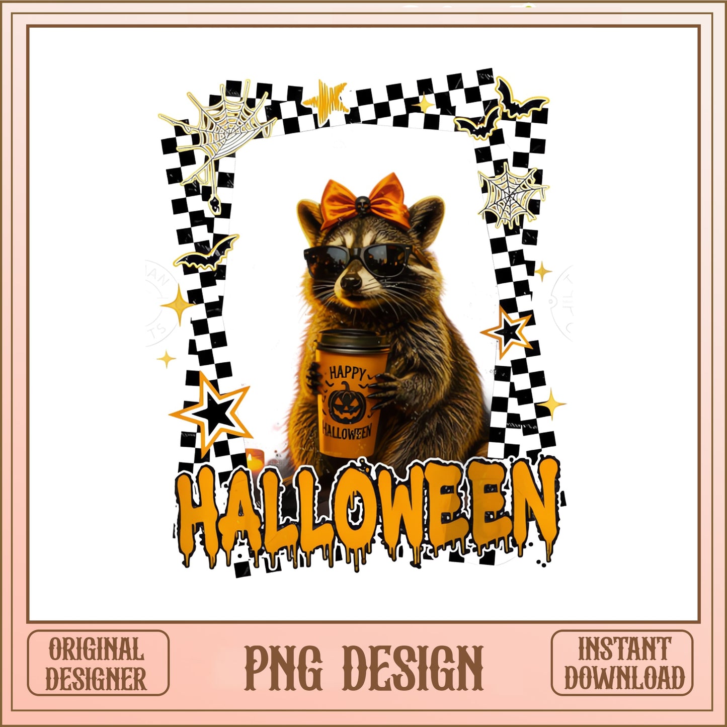 Halloween Raccoon With Coffee PNG, Spooky Raccoon PNG, Halloween PNG