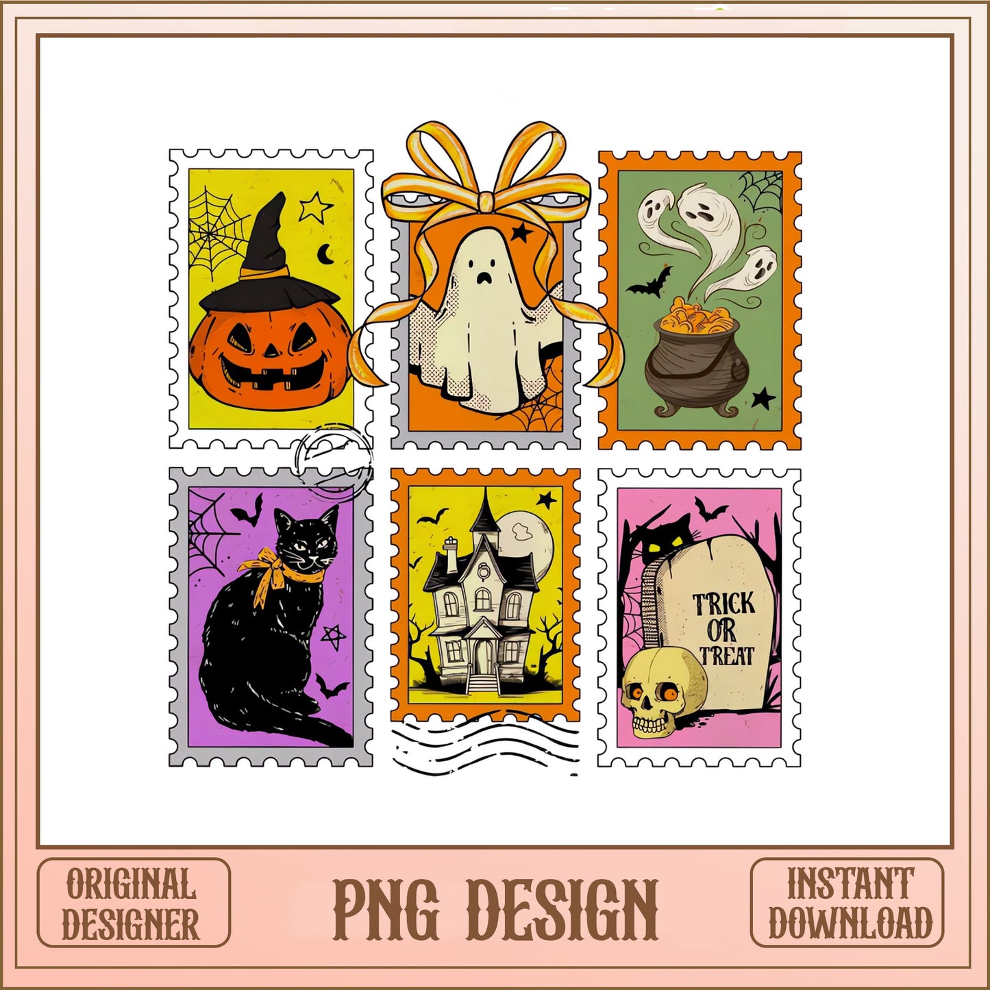 Halloween Stamp Bundle PNG, Retro Halloween Clipart, Trick Or Treat PNG