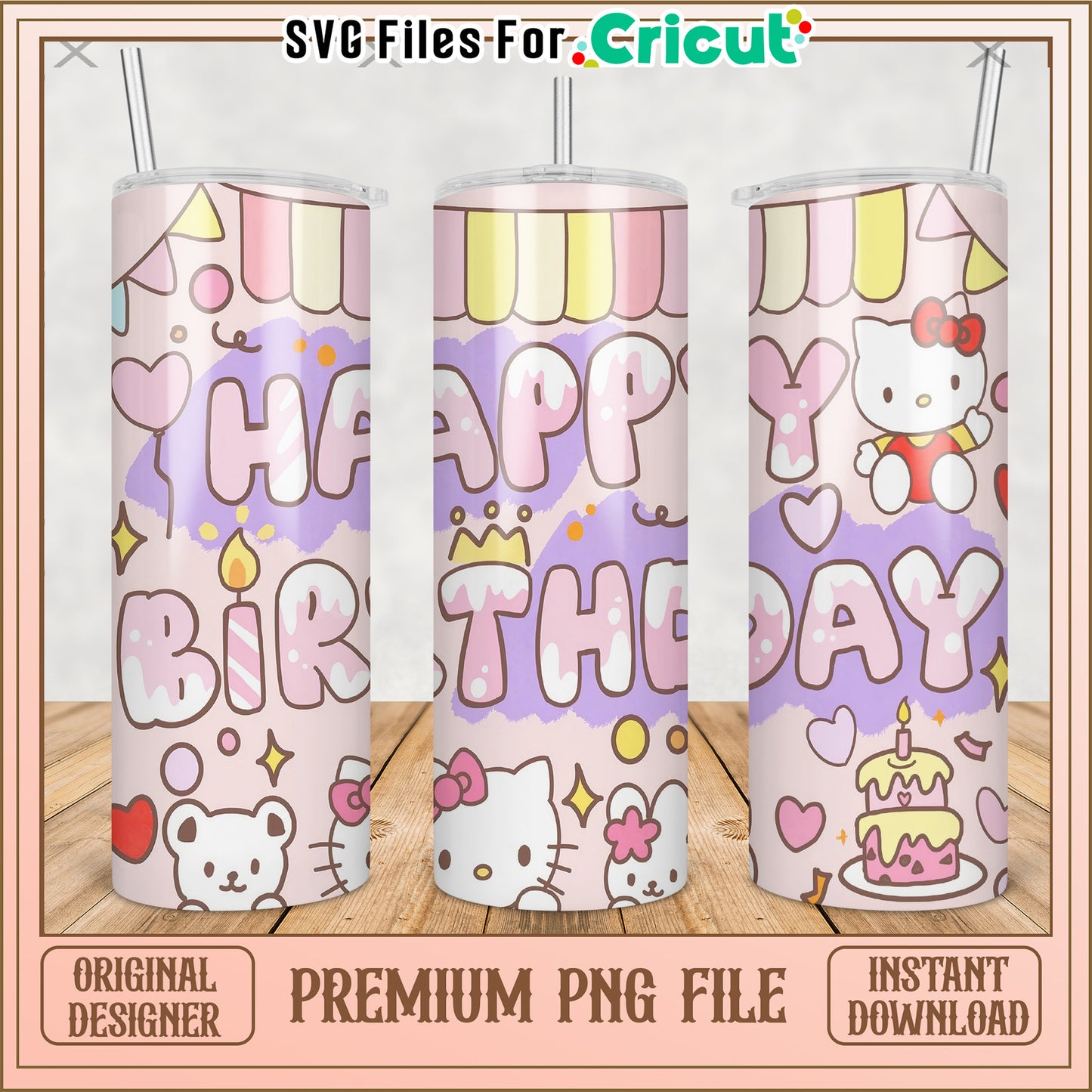 Happy birthday hello kitty tumbler png, cute characters png, kuromi hello kitty png