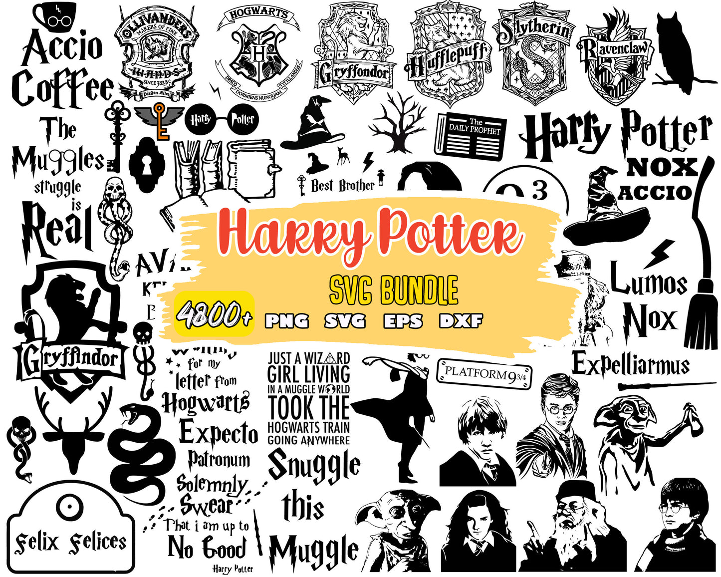 Harry potter logo black white bundle svg, harry potter movies svg