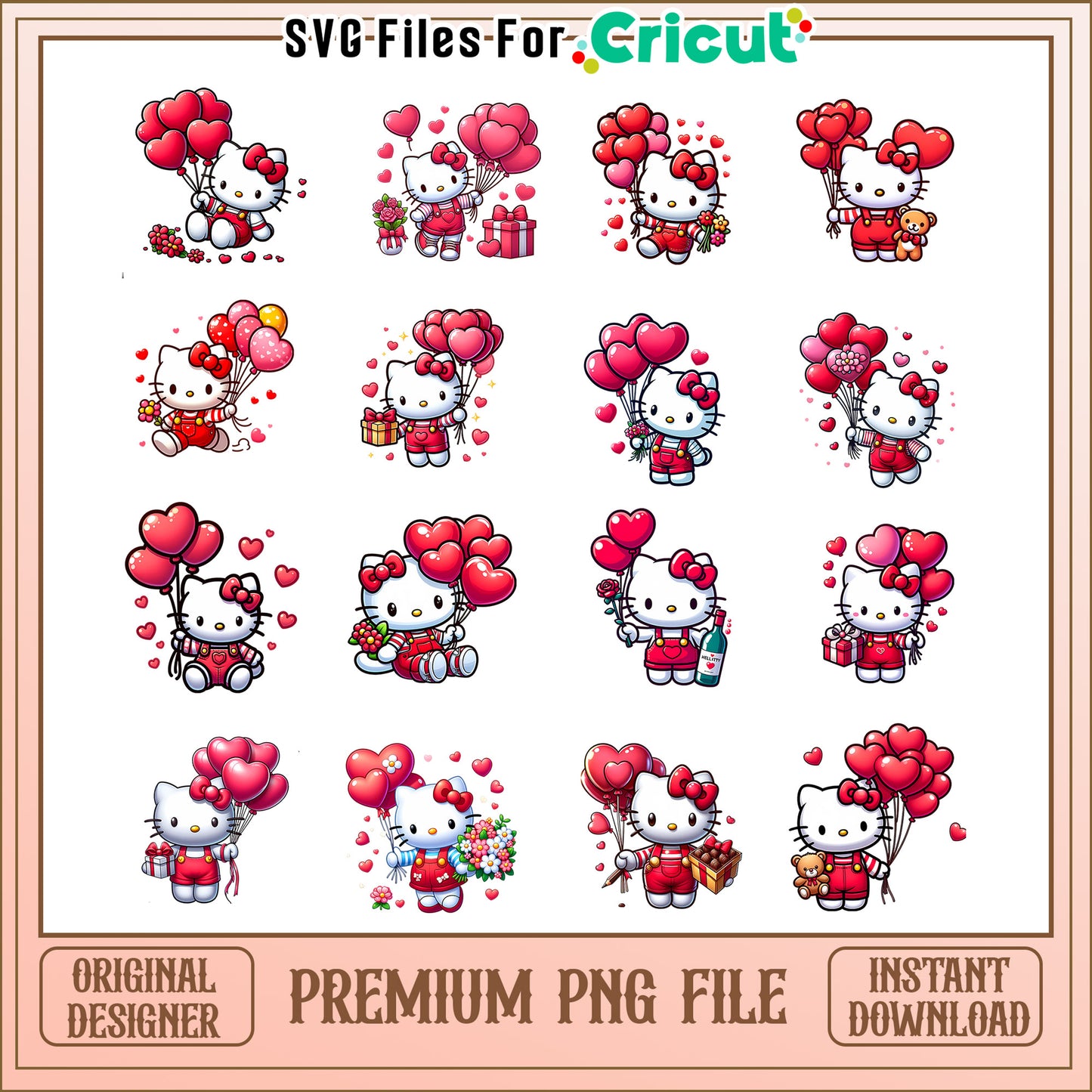 Hello kitty balloon heart bundle png, hello kitty valentines day png