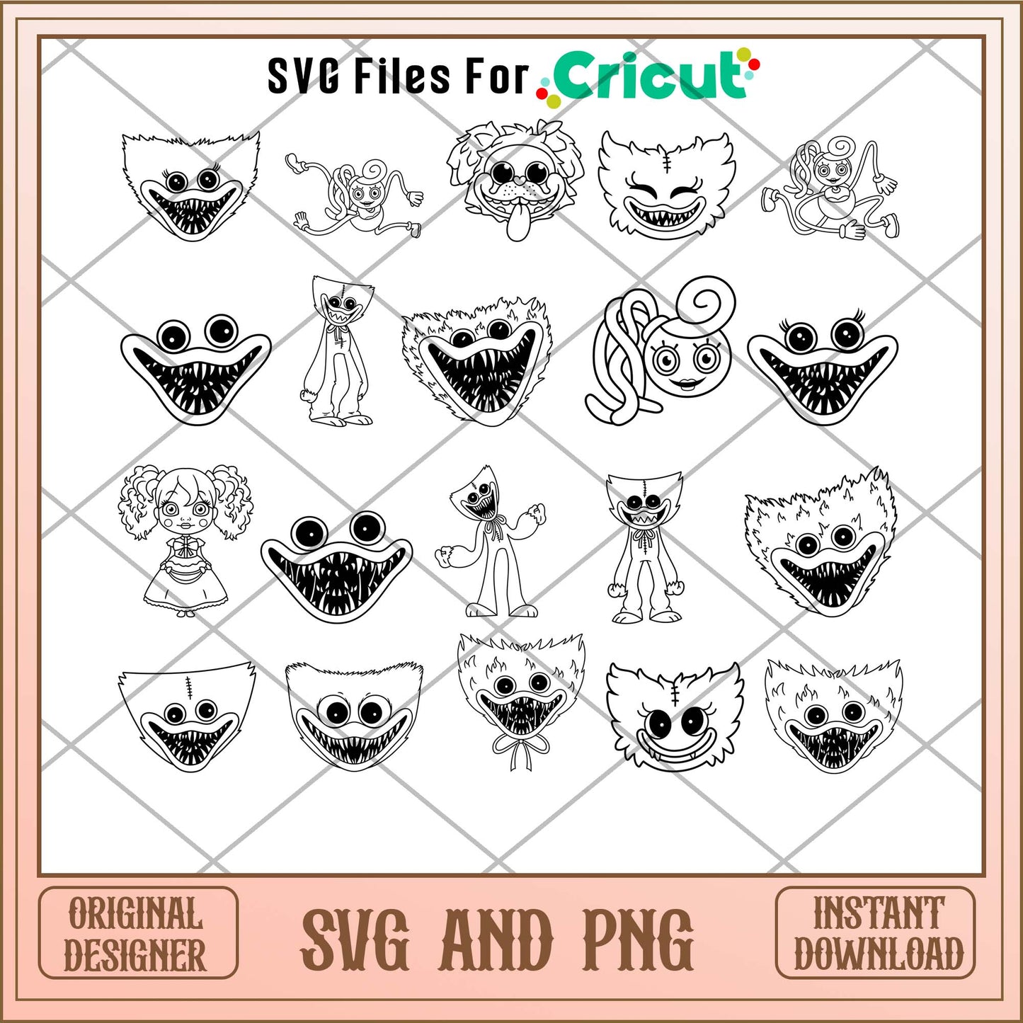 Huggy wuggy cartoon outlines svg bundle