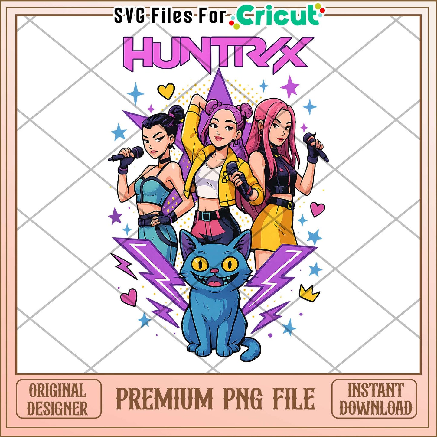 Huntrix girls and blue tiger png, cute demon slayer png, kpop girl png