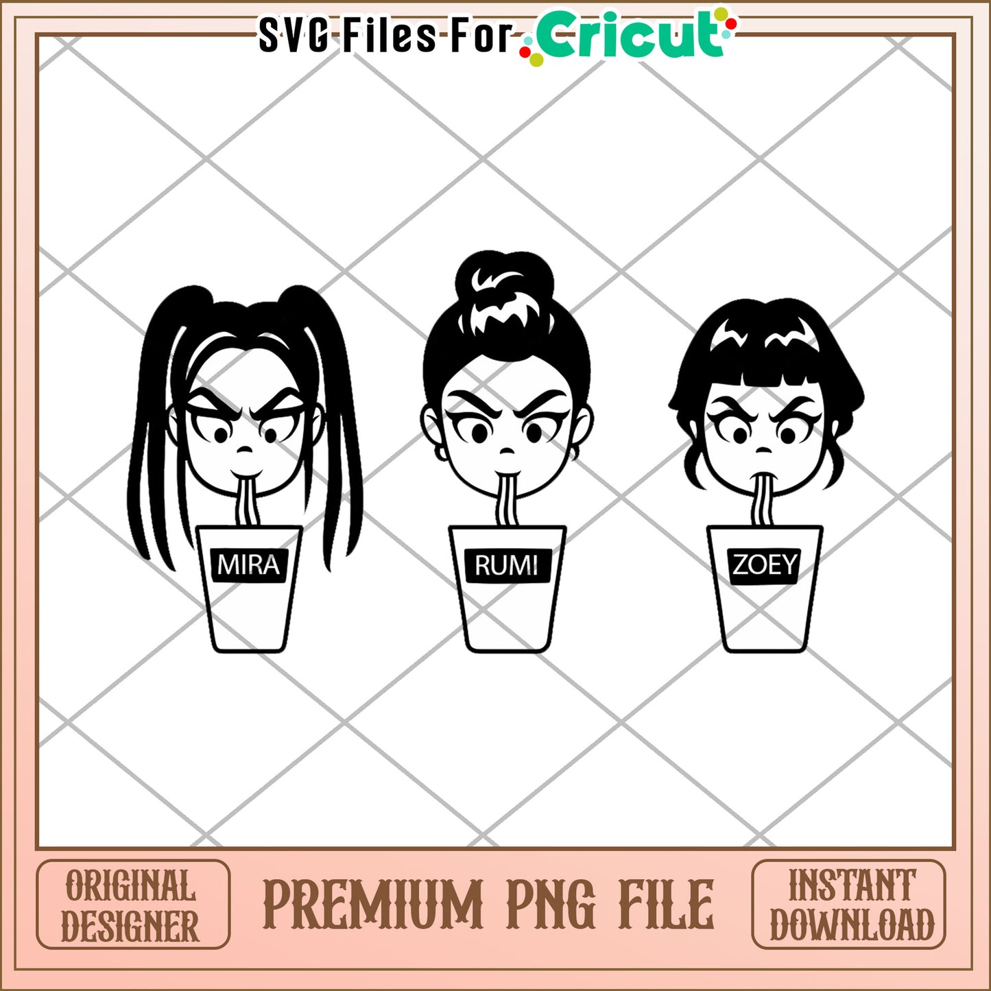 Huntrix girls eating ramyeon png, kpop cartoon png, saja boys png
