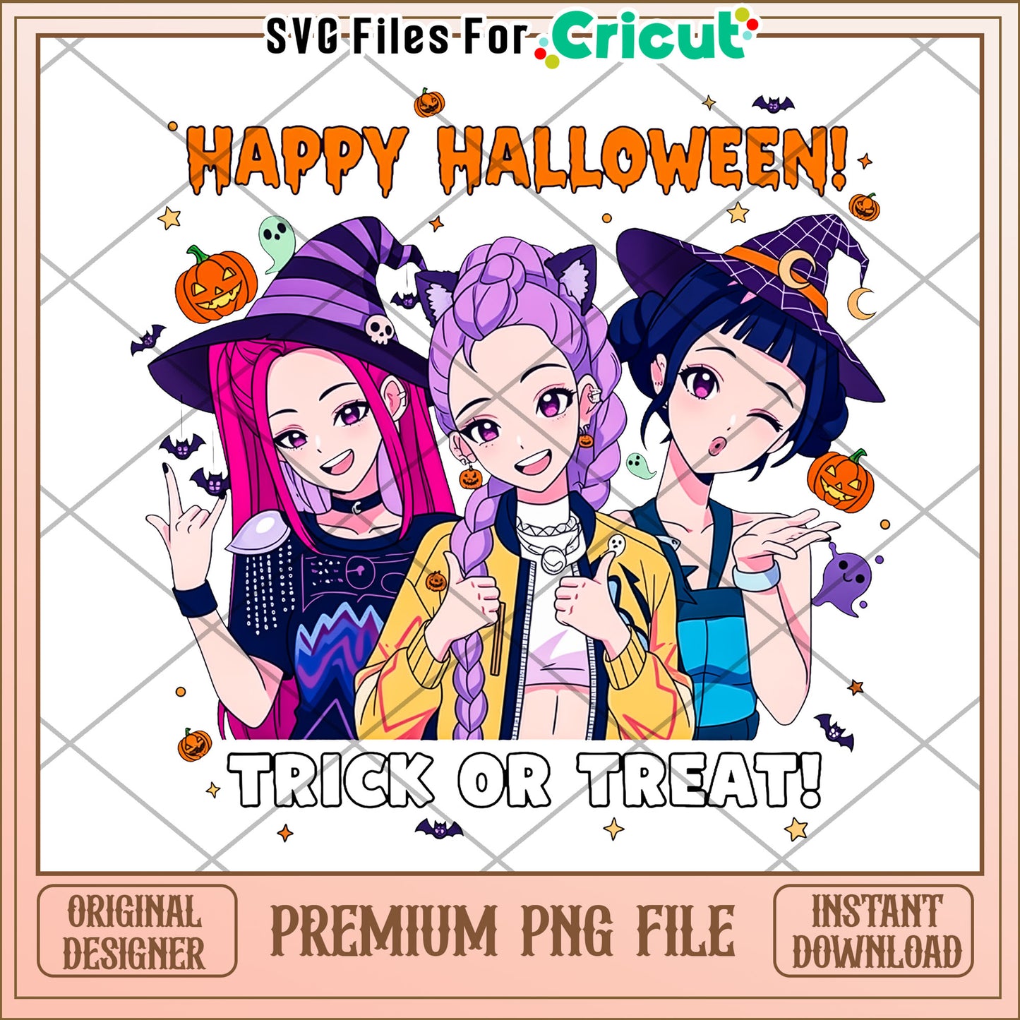 Huntrix happy halloween png, kpop cartoon png, halloween season png
