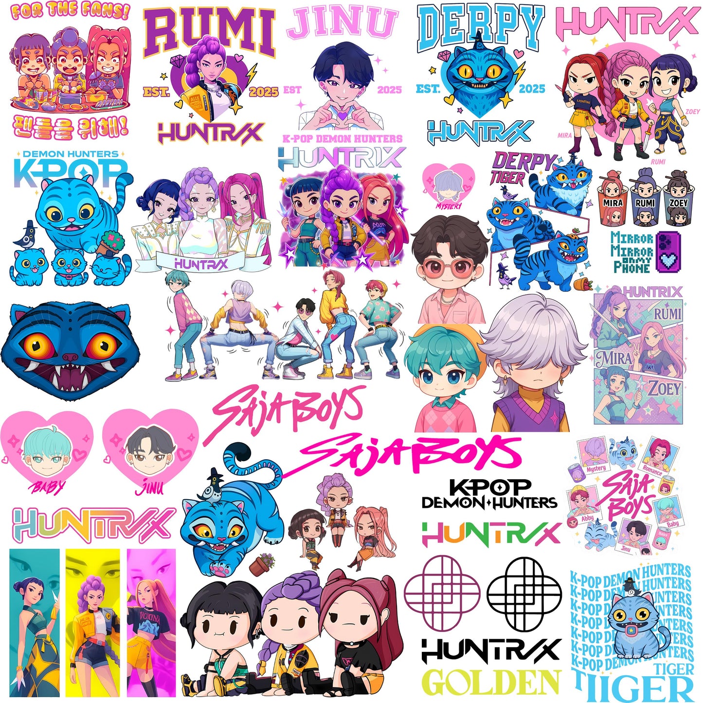 Huntrix kpop logo bundle png, kpop idol bundle png, gaming character fashion bundle png