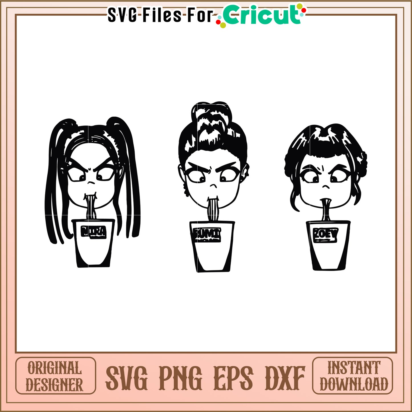 Huntrix members eating noodles svg, kpop demon hunters svg, kpop cartoon songs svg