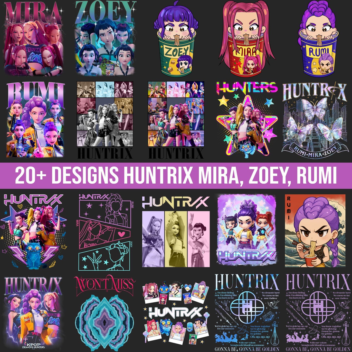 Huntrix members logo bundle png, kpop idol group emblem bundle png, stylish fandom crest design bundle png