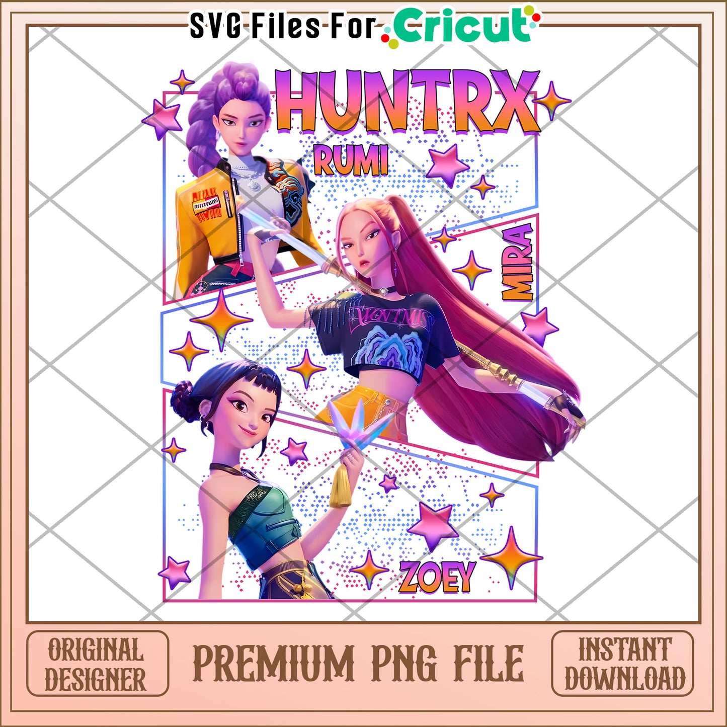 Huntrix rumi mira and zoey png, saja boys fans png, huntrix characters png